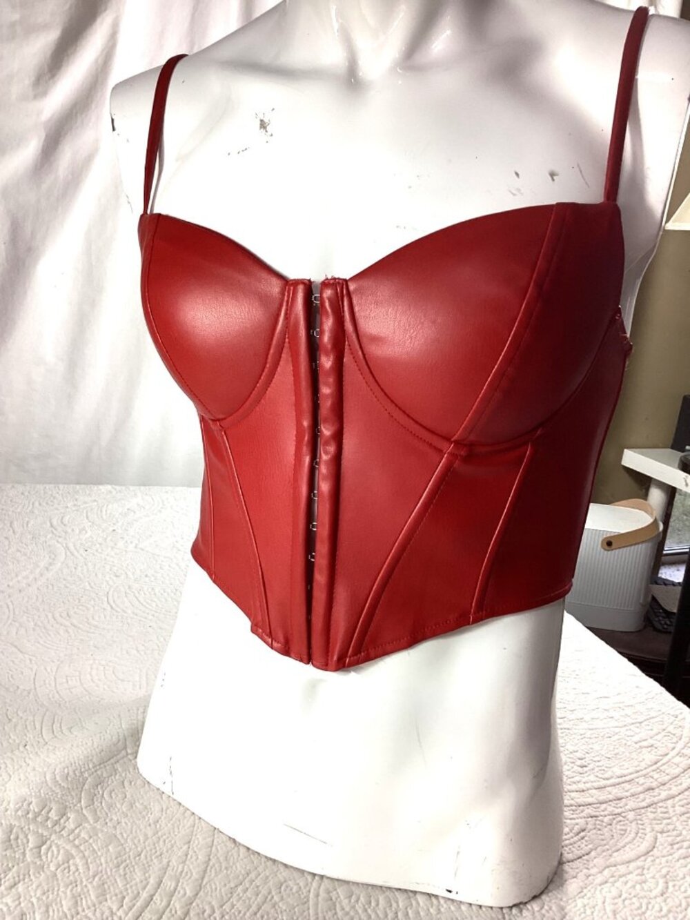 Red Faux Leather Corset Bustier Top*12 Hook Front*Adj Straps*Halloween*Cosplay*L